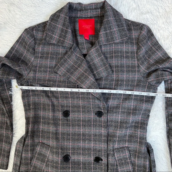 NWOT Jennifer Lopez Gray Plaid Belted Wrap Tie Waist Trench Coat Red Small - Picture 12 of 12